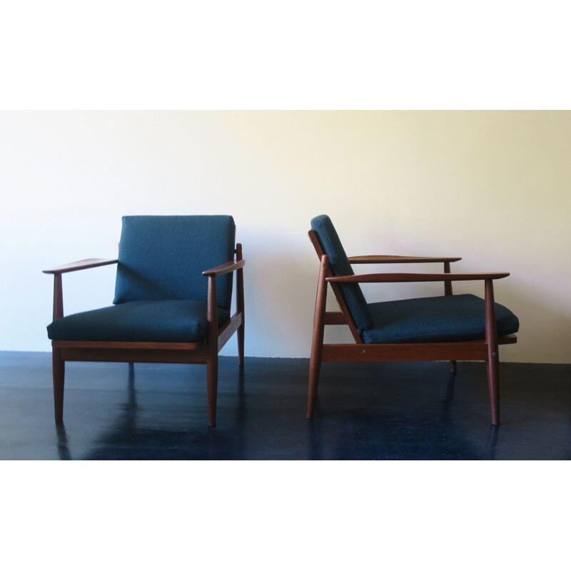 Vintage Teak Lounge Chair Sea Blue Green Covers Danish 1960