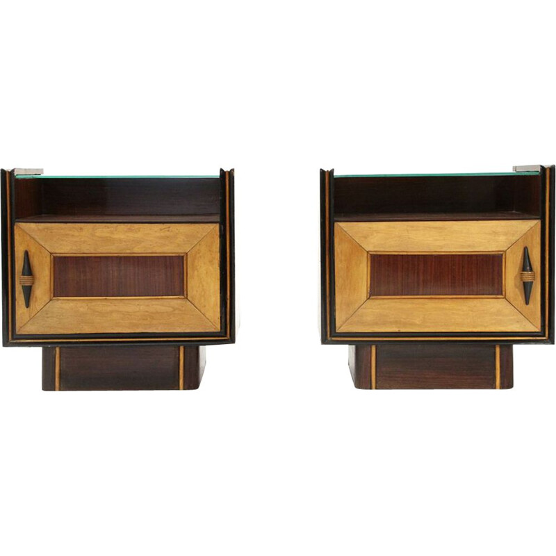 Pair of vintage rationalist bedside tables with glass shelf, 1940s