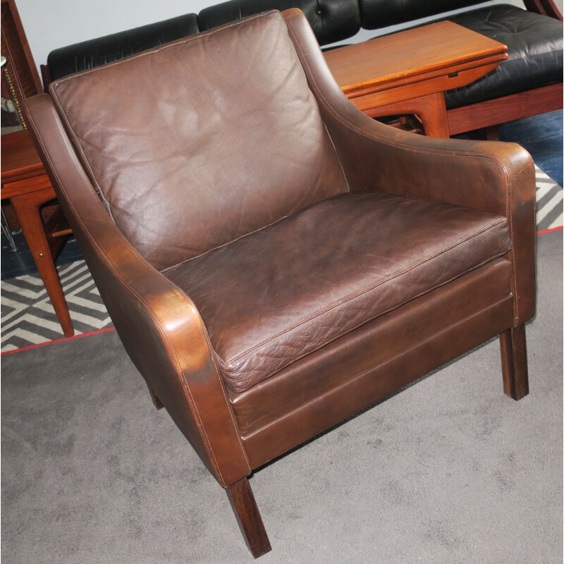Vintage brown leather lounge armchair, rosewood, Denmark, 1960