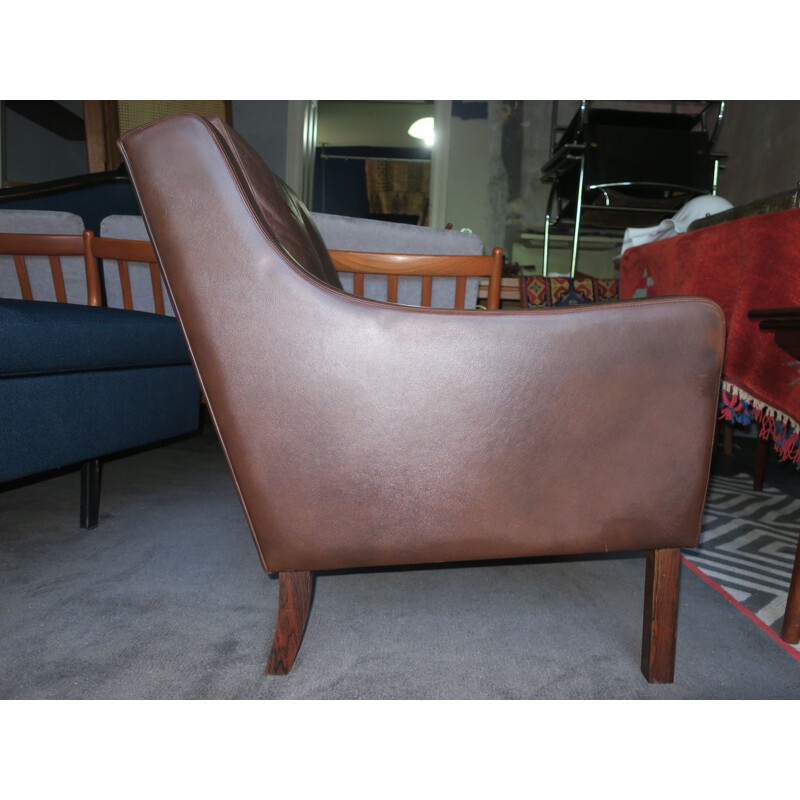 Vintage brown leather lounge armchair, rosewood, Denmark, 1960