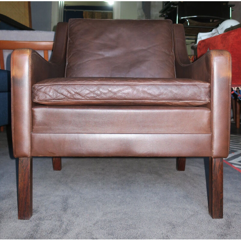 Vintage brown leather lounge armchair, rosewood, Denmark, 1960