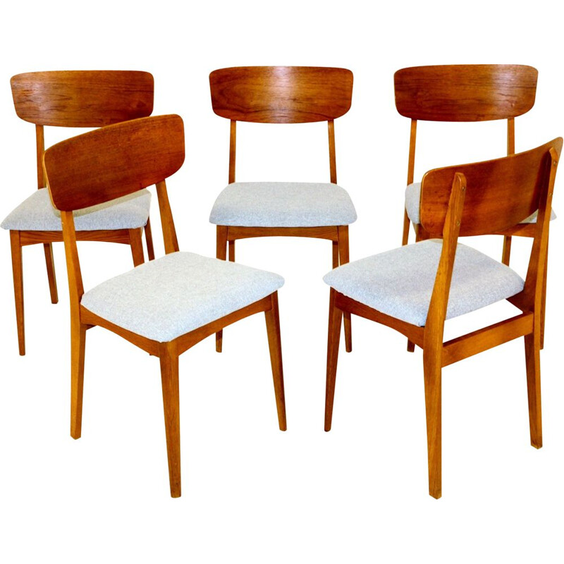 Conjunto de 5 cadeiras de teca e carvalho vintage, Dinamarca, 1960