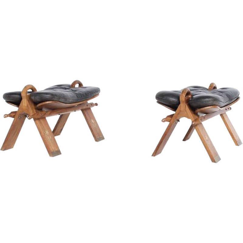 Pair of vintage teak leather stools 1960