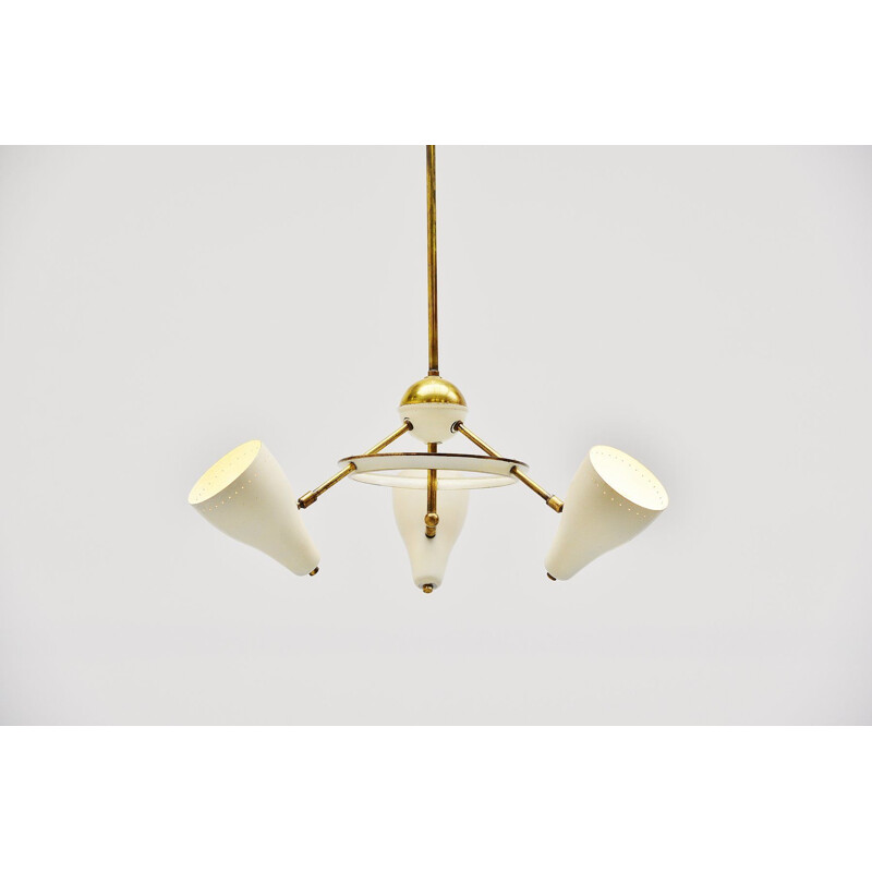 Vintage chandelier white and brass 1950