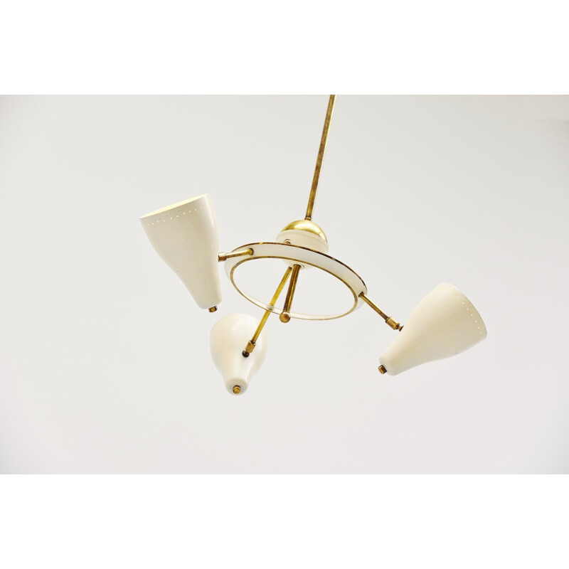 Vintage chandelier white and brass 1950