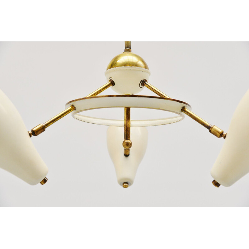 Vintage chandelier white and brass 1950