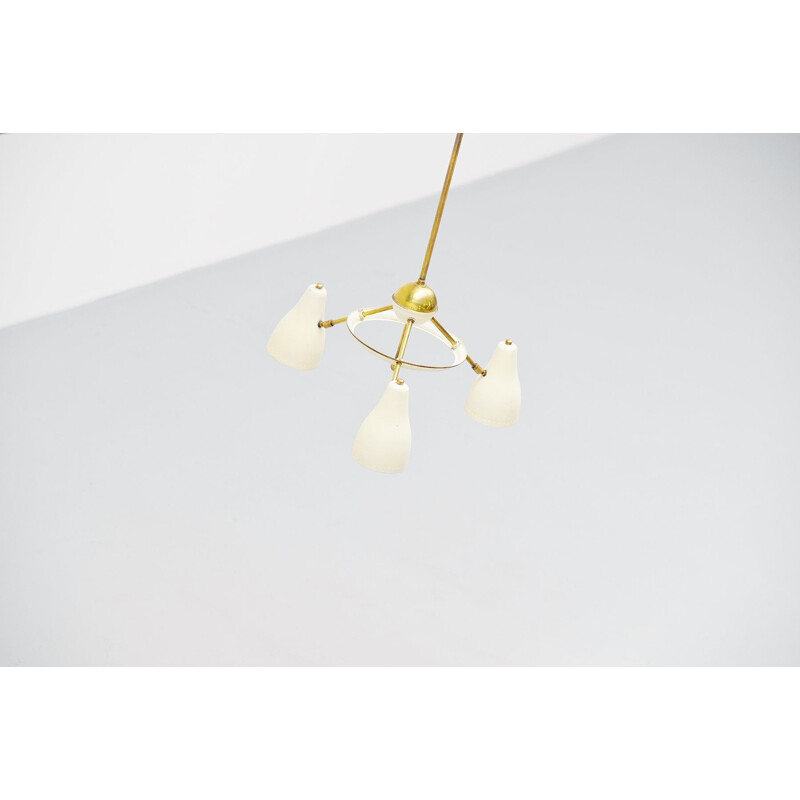Vintage chandelier white and brass 1950