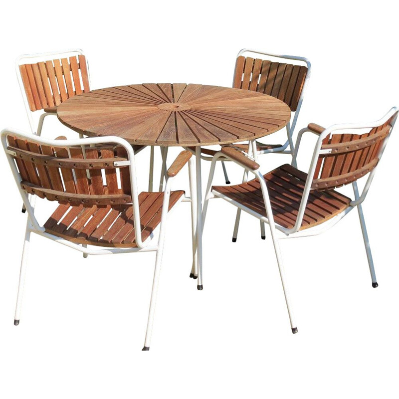 Table et 4 chaises empilables en teck du jardin Daneline 1960 