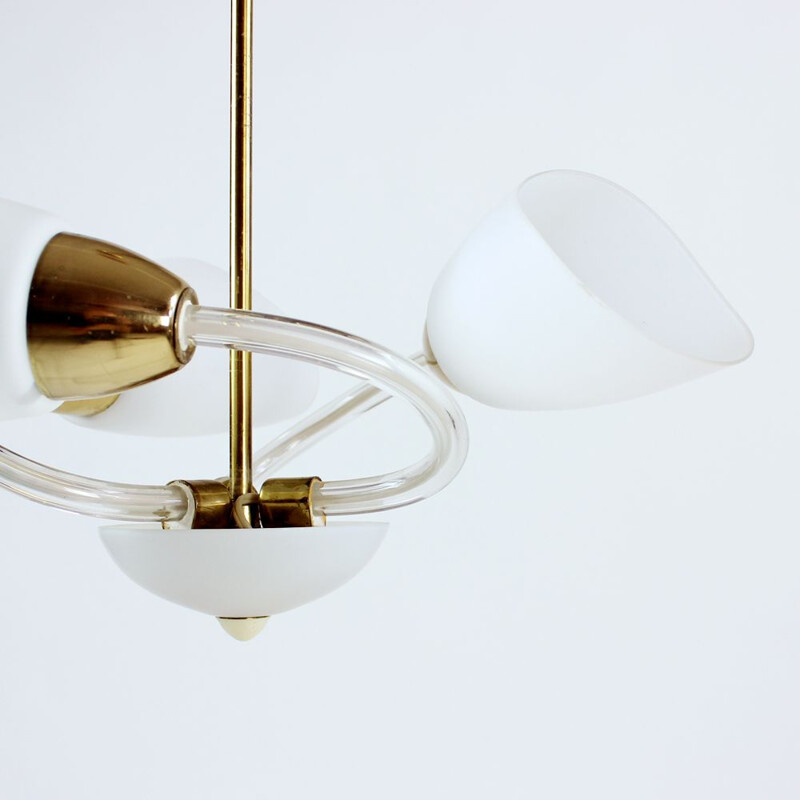 Vintage white glass and brass pendant lamp, Czechoslovakia 1960