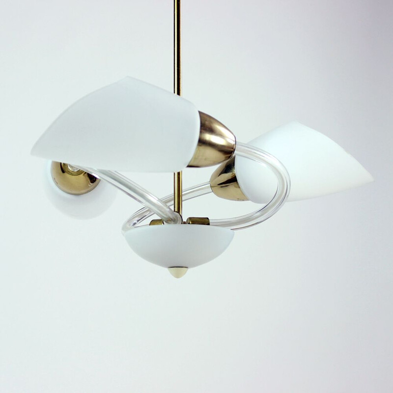 Vintage white glass and brass pendant lamp, Czechoslovakia 1960