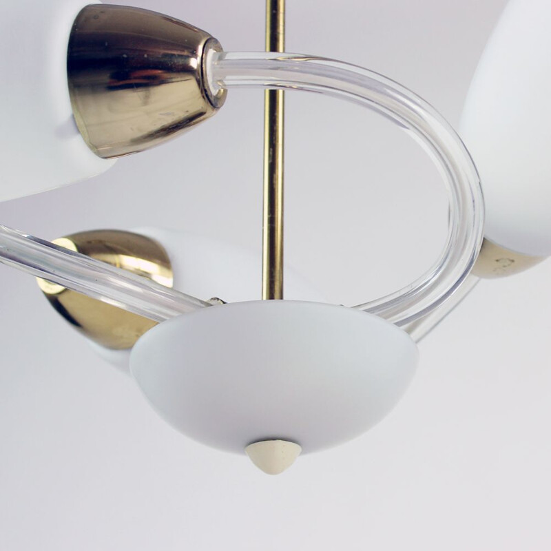 Vintage white glass and brass pendant lamp, Czechoslovakia 1960