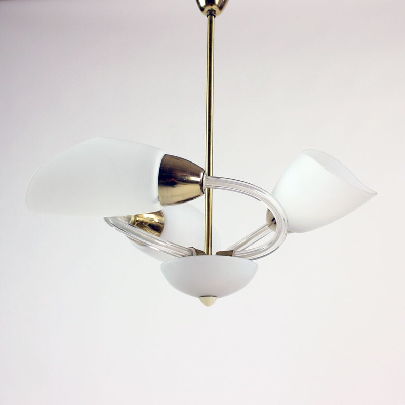 Vintage white glass and brass pendant lamp, Czechoslovakia 1960