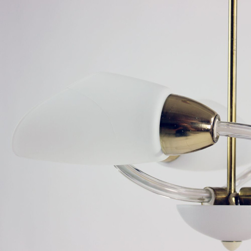 Vintage white glass and brass pendant lamp, Czechoslovakia 1960