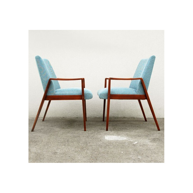 Vintage mahogany sky blue armchairs - 1960s