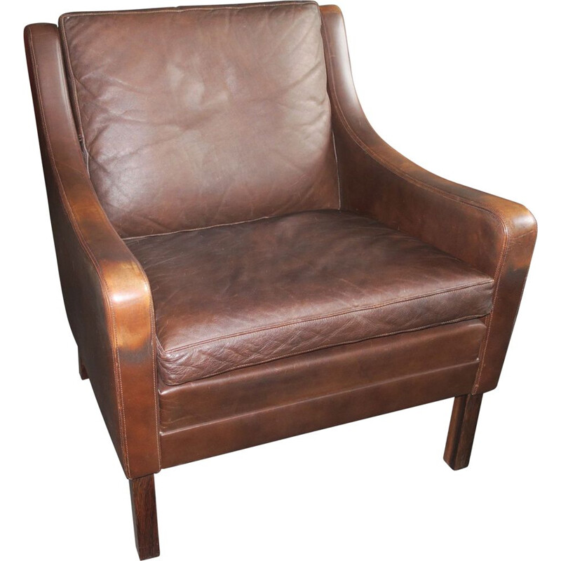 Vintage brown leather lounge armchair, rosewood, Denmark, 1960