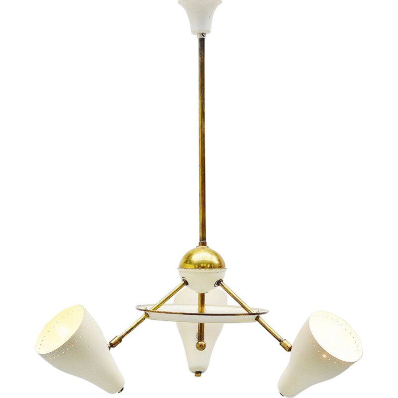 Vintage chandelier white and brass 1950