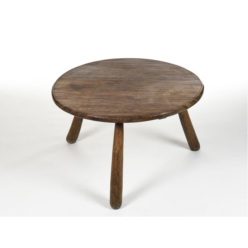 Table basse vintage brutaliste en bois massif tripode 1960