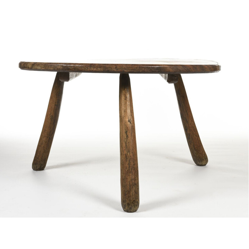 Vintage brutalist solid wood tripod coffee table 1960