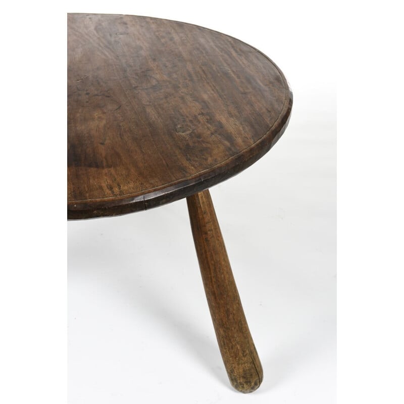 Table basse vintage brutaliste en bois massif tripode 1960