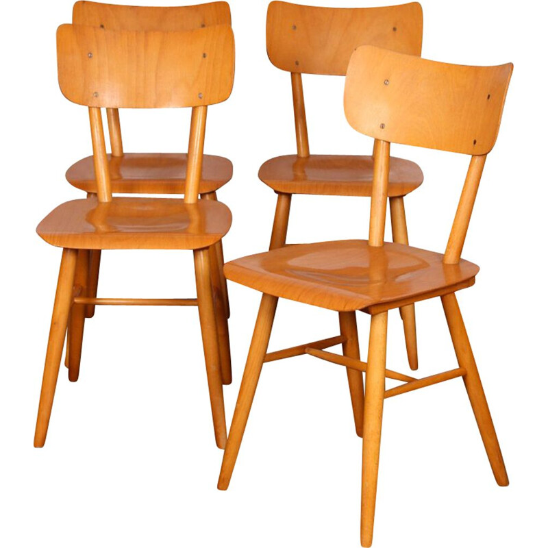 Set of 4 vintage wooden chairs edited by Ton, 1960