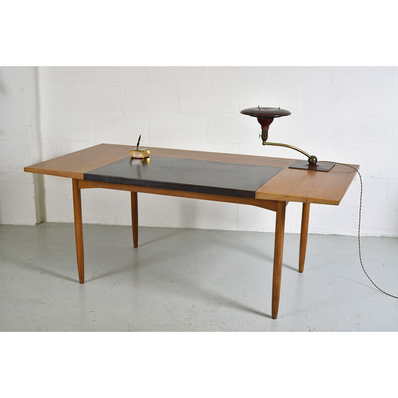 Vintage Office Desk By Heals Designed by Robert Heal Midcentury Writing Table Teak Wood Leather English 1950s