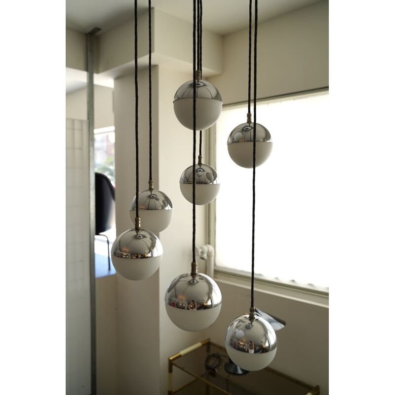 Vintage 7 Opaline Glass Spheres Pendant Chandelier by Stilnovo Italian 1960s