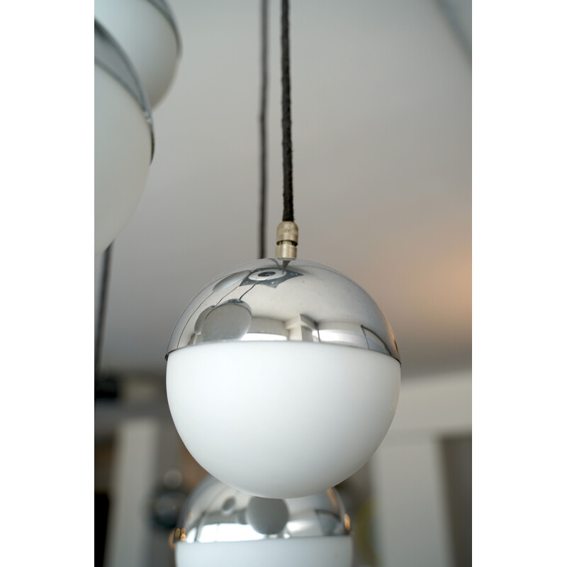 Vintage 7 Opaline Glass Spheres Pendant Chandelier by Stilnovo Italian 1960s