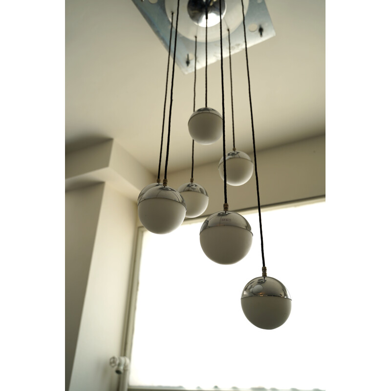 Vintage 7 Opaline Glass Spheres Pendant Chandelier by Stilnovo Italian 1960s