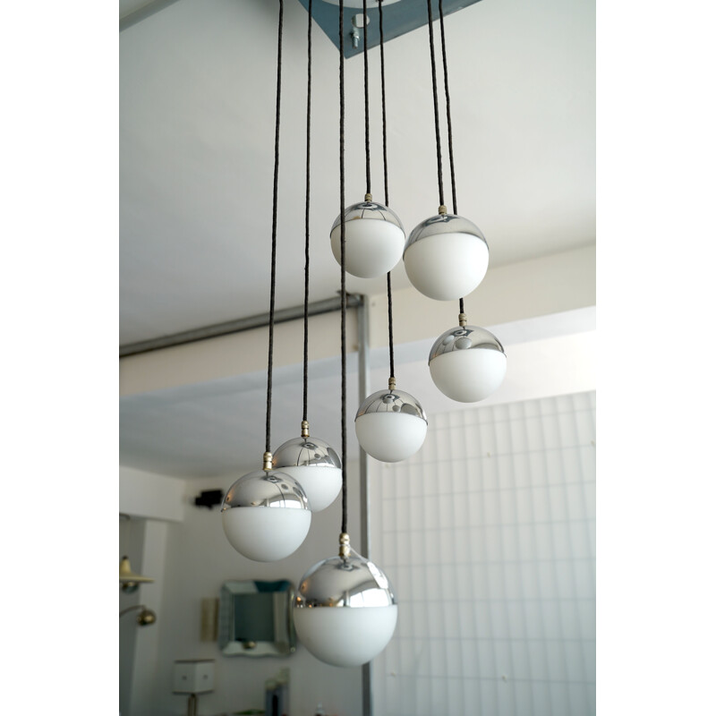 Vintage 7 Opaline Glass Spheres Pendant Chandelier by Stilnovo Italian 1960s