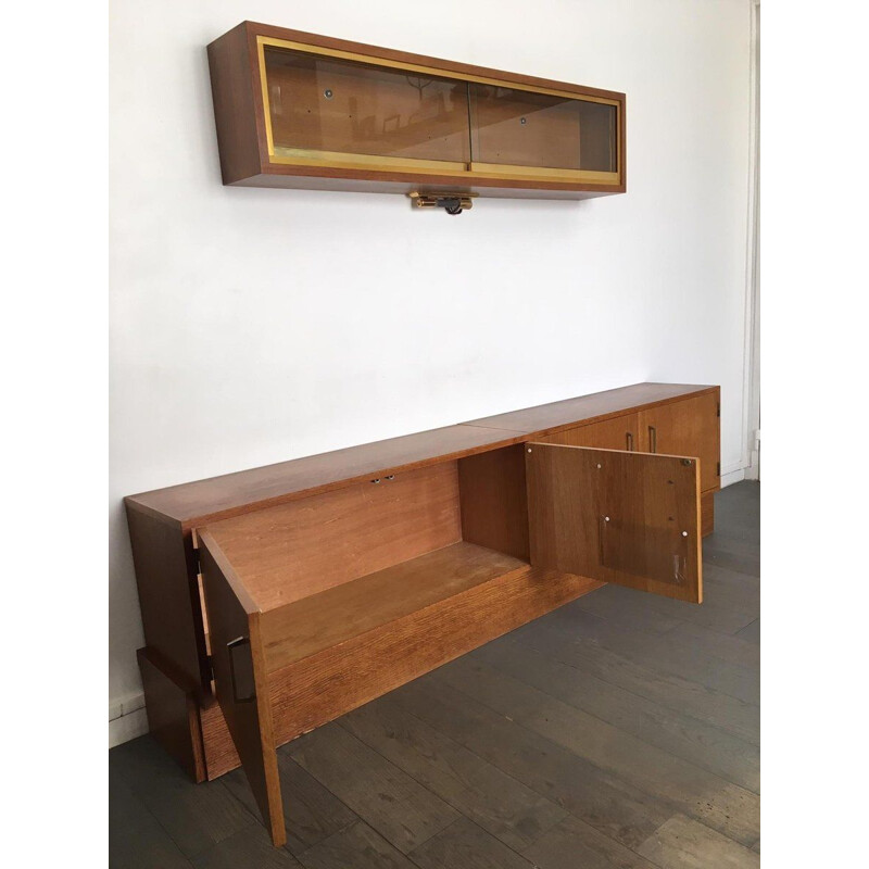 Vintage sideboard with wall shelf in teak and scandinavian brass 1960