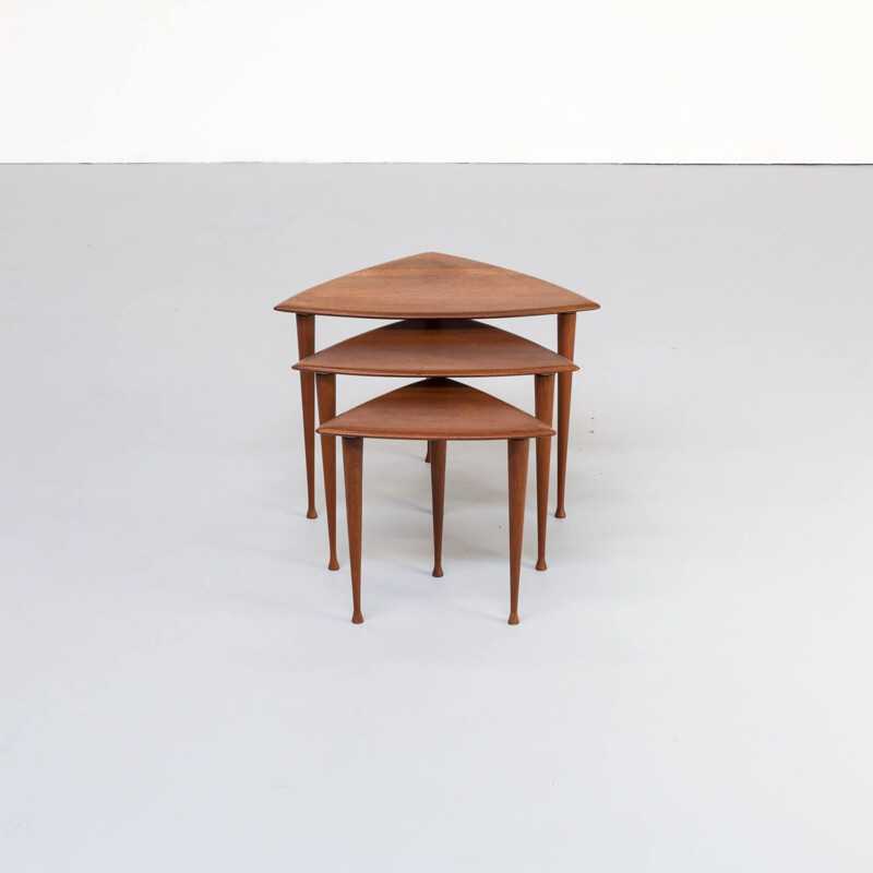 Vintage teak veneer triangle nesting tables for Selig Poul Thorsbjerg Jensen 1950s