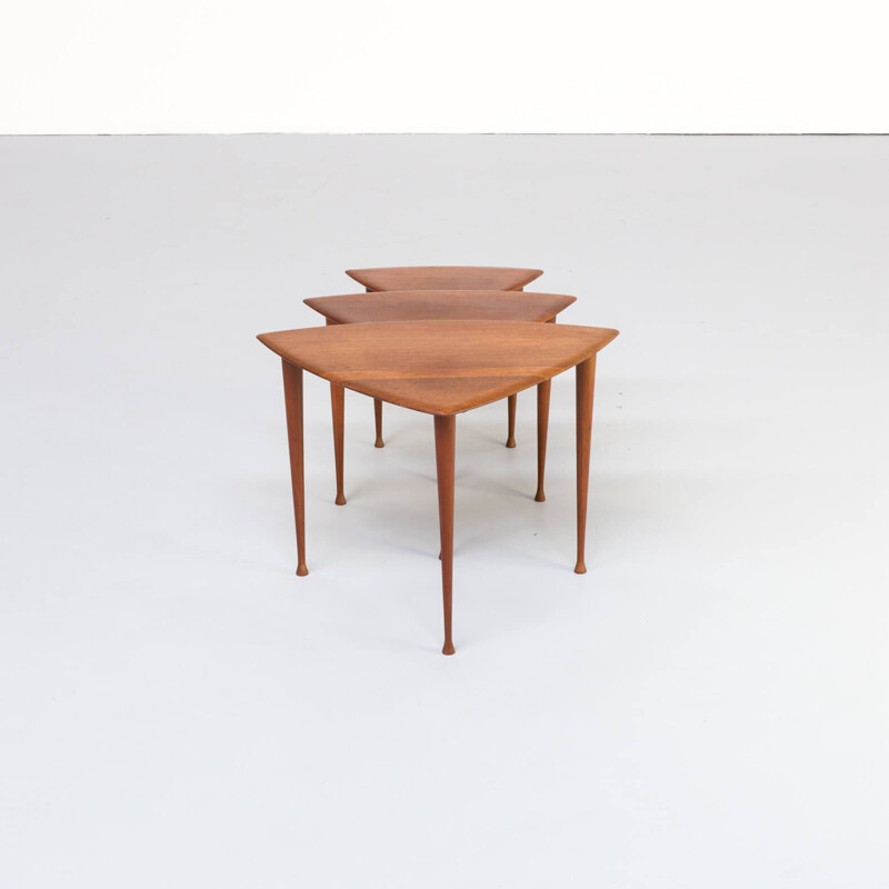 Vintage teak veneer triangle nesting tables for Selig Poul Thorsbjerg Jensen 1950s