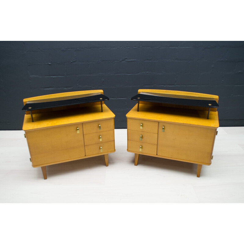 Pair of vintage dressers with black glass, 1950