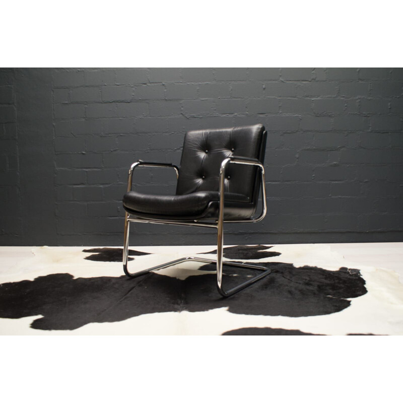 Vintage Tubular Steel and Leather Cantilever Armchair, Italian 1970s