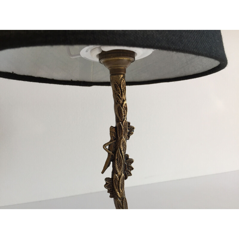Small vintage lamp Flowers and Grasshopper in solid brass 1930's