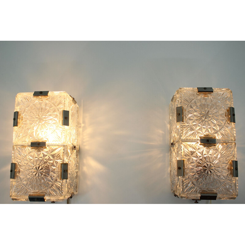 Pair of Mid century glass wall or ceiling Lamps , 1970s