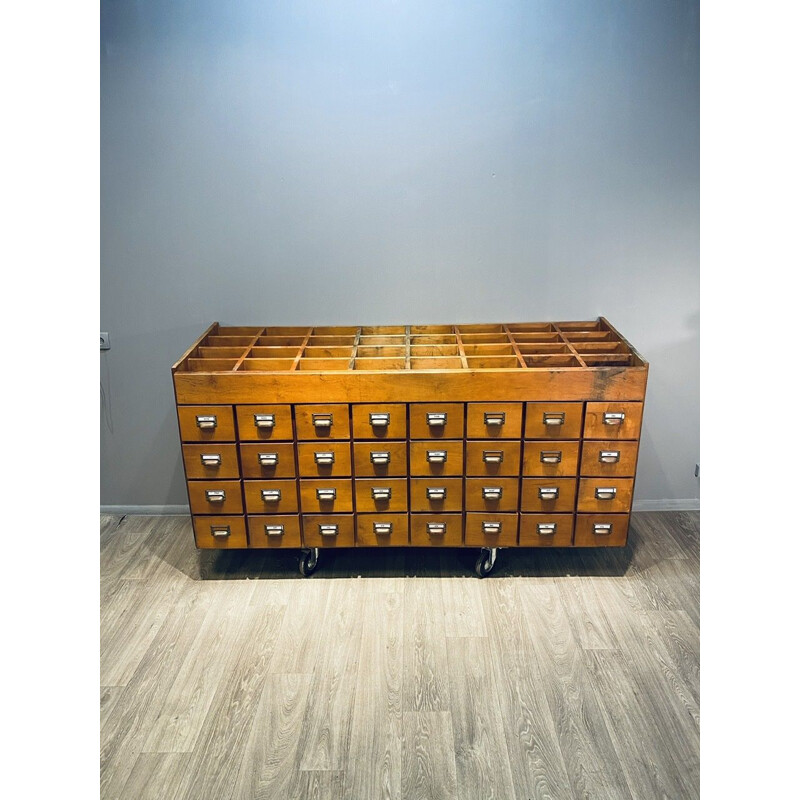 Large vintage industrial wooden chest of drawers with 32 filing drawers