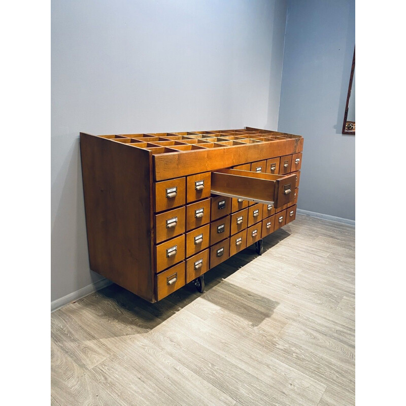 Large vintage industrial wooden chest of drawers with 32 filing drawers