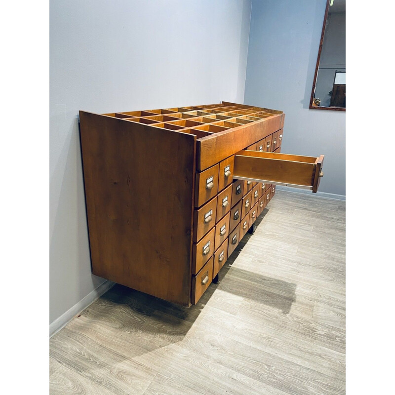 Large vintage industrial wooden chest of drawers with 32 filing drawers