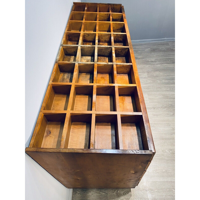 Large vintage industrial wooden chest of drawers with 32 filing drawers