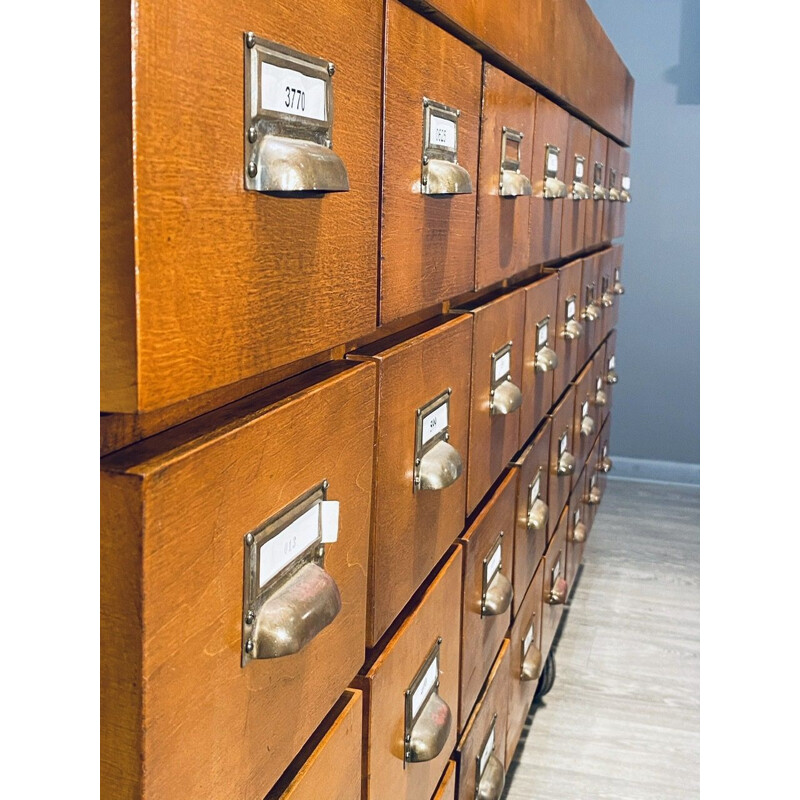 Large vintage industrial wooden chest of drawers with 32 filing drawers