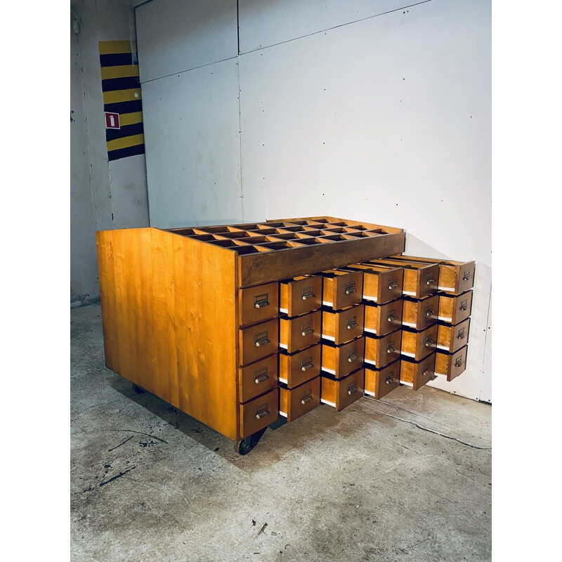 Vintage Industrial Double Wood Filing Cabinet With 48 Vintage Drawers