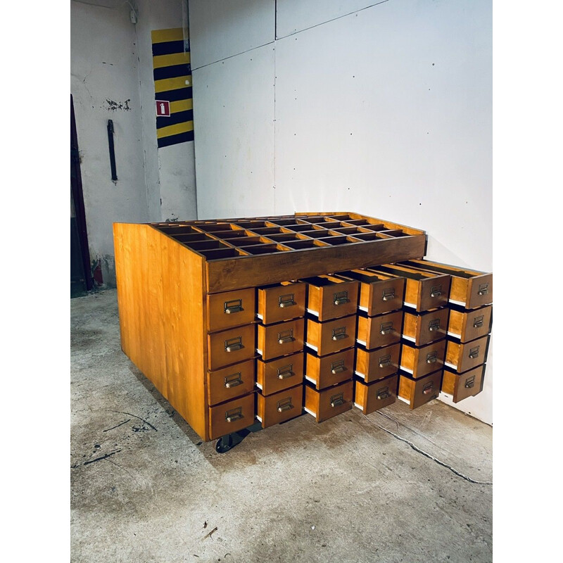 Vintage Industrial Double Wood Filing Cabinet With 48 Vintage Drawers