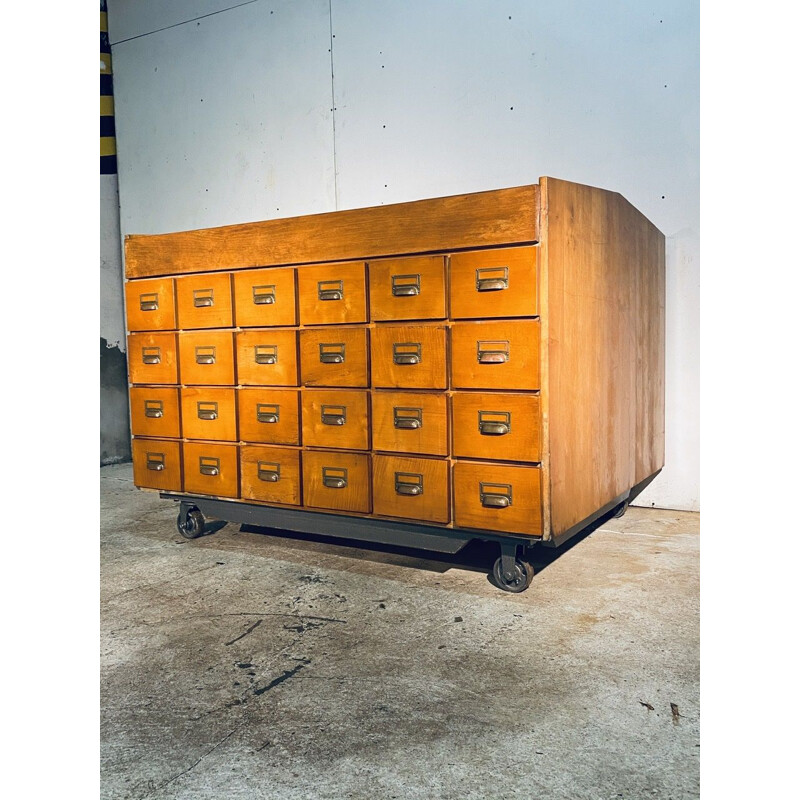 Vintage Industrial Double Wood Filing Cabinet With 48 Vintage Drawers