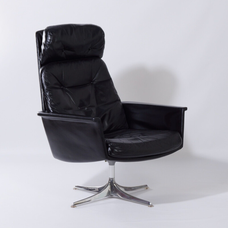 Vintage Sedia Swivel Chair by Horst Brüning for Cor, Black Leather 1960s