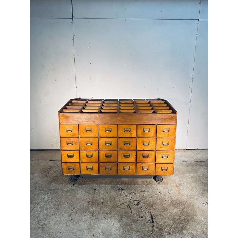 Vintage Industrial Double Wood Filing Cabinet With 48 Vintage Drawers