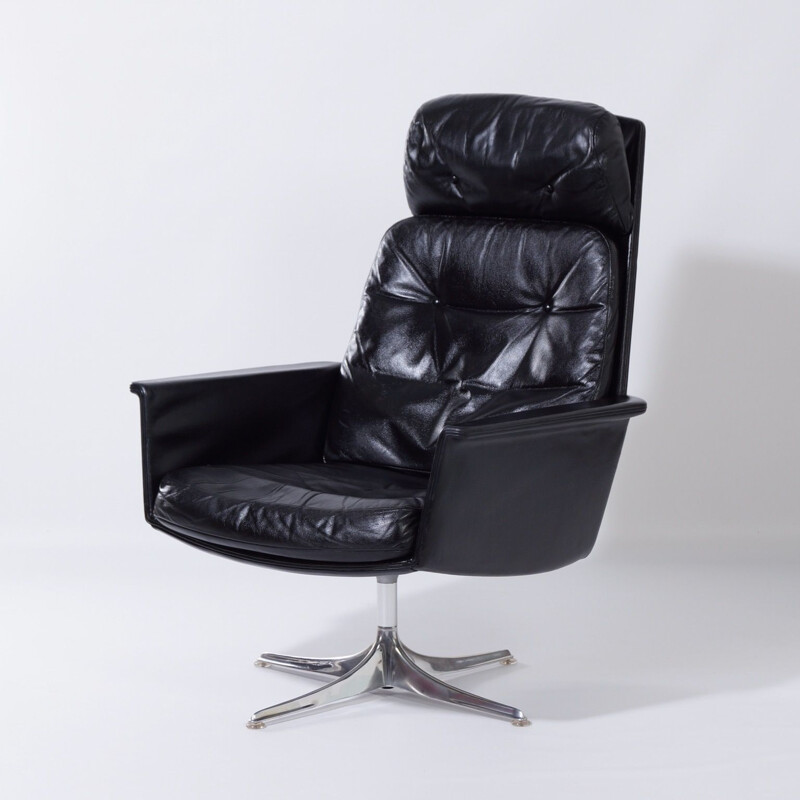 Vintage Sedia Swivel Chair by Horst Brüning for Cor, Black Leather 1960s