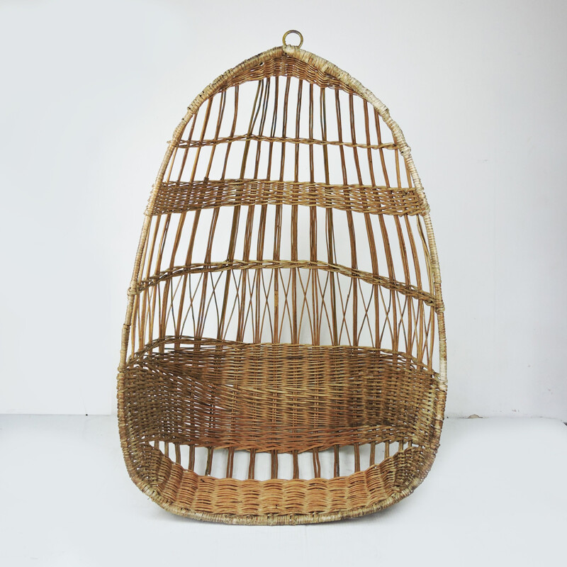 Vintage Woven Rattan Hanging Egg Chair, 1960s