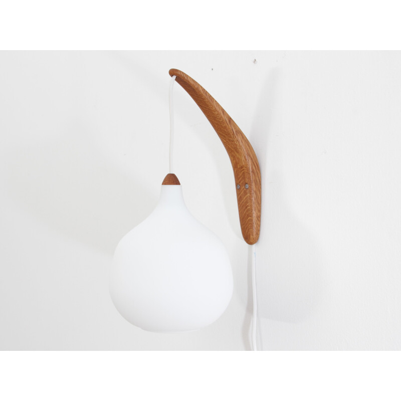 Vintage oak and opal wall lamp Scandinavian by Uno Kristiansson for Luxus