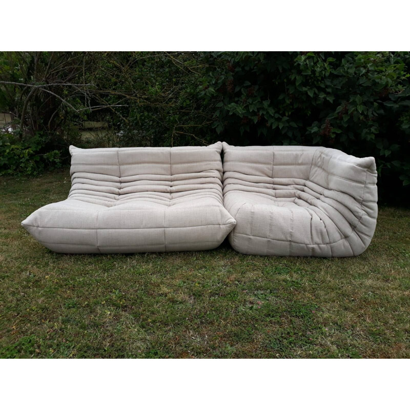 Vintage lounge set Togo Ligne Roset in beige woollen fabric